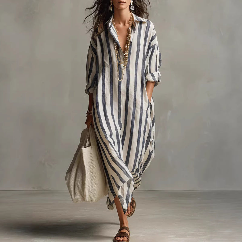 Striped V-Neck Shirt Dress - Loose 3/4 Sleeve Long Summer Dress Women