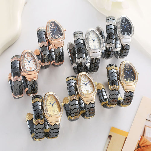 2025 New Color Split Punk Black Women Quartz Watch Cross-Border Snake Head Watch Gold Tone Color Snake Shape Watch