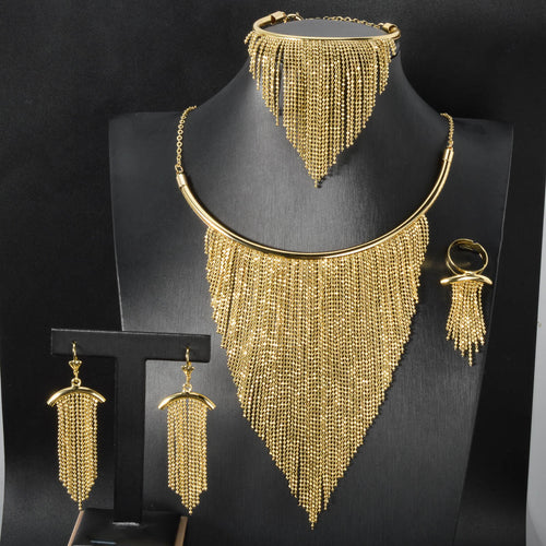 Western French Retro Long Style Beaded Fringe Necklace Bracelet Set Earrings Ring Middle East Women Overseas Jewelry Set