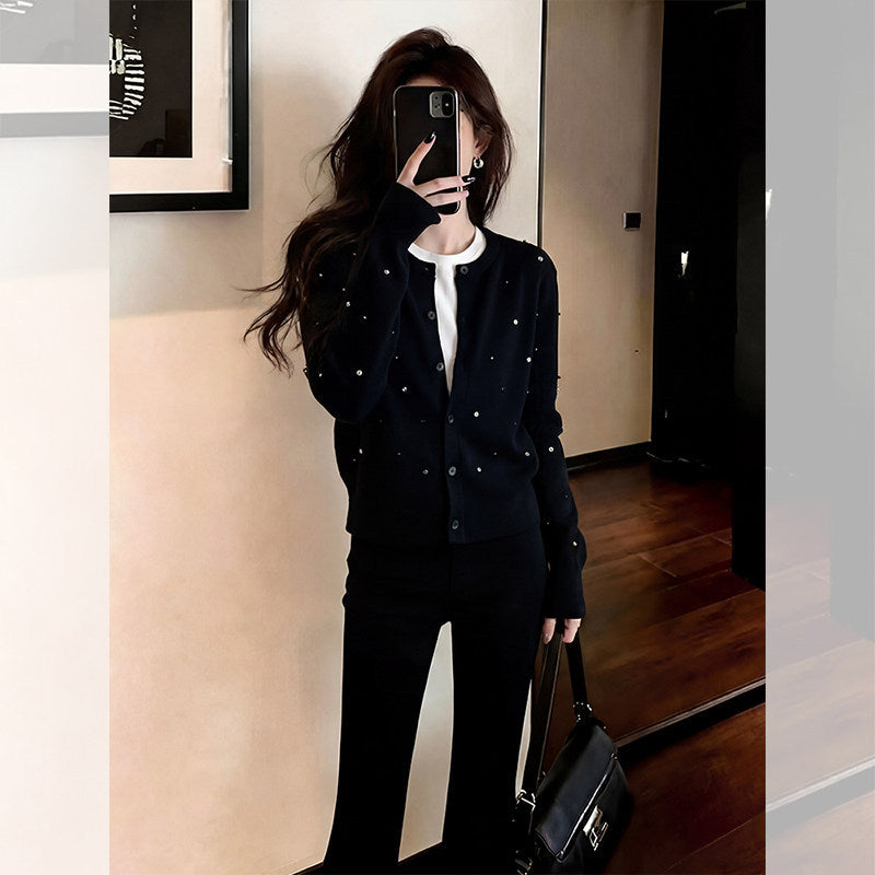 Women's Fall Korean Elegant Knit Wool Crystal Cropped Sweater + Cardigan + Jacket + T - Black