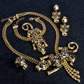 Overseas Western Bold 3D Cheetah Pendant Round Bead Chain Necklace Bracelet Set Earrings Ring Statement Jewelry 4-Piece Set