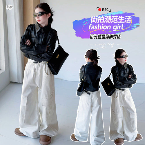 Girls' Short Leather Jacket Cargo Pants Two-Piece Set