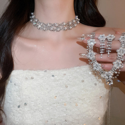 Korean Style Super Fairy Exquisite Rhinestone Flower Teardrop Pearl Stud Earring Necklace Set Clavicle Chain Light Luxury Premium Necklace