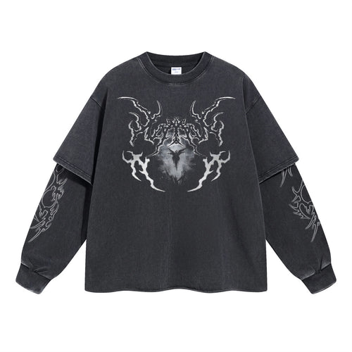 Men's Fall Streetwear Retro Snow-Denim Distressed Washed Printed Faux Layered T-Shirt