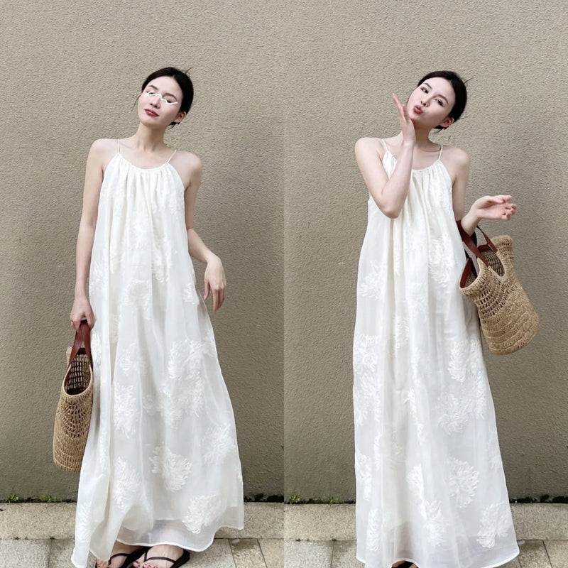 New Chinese Style 3D Embroidered Ramie Flowing Camisole Dress