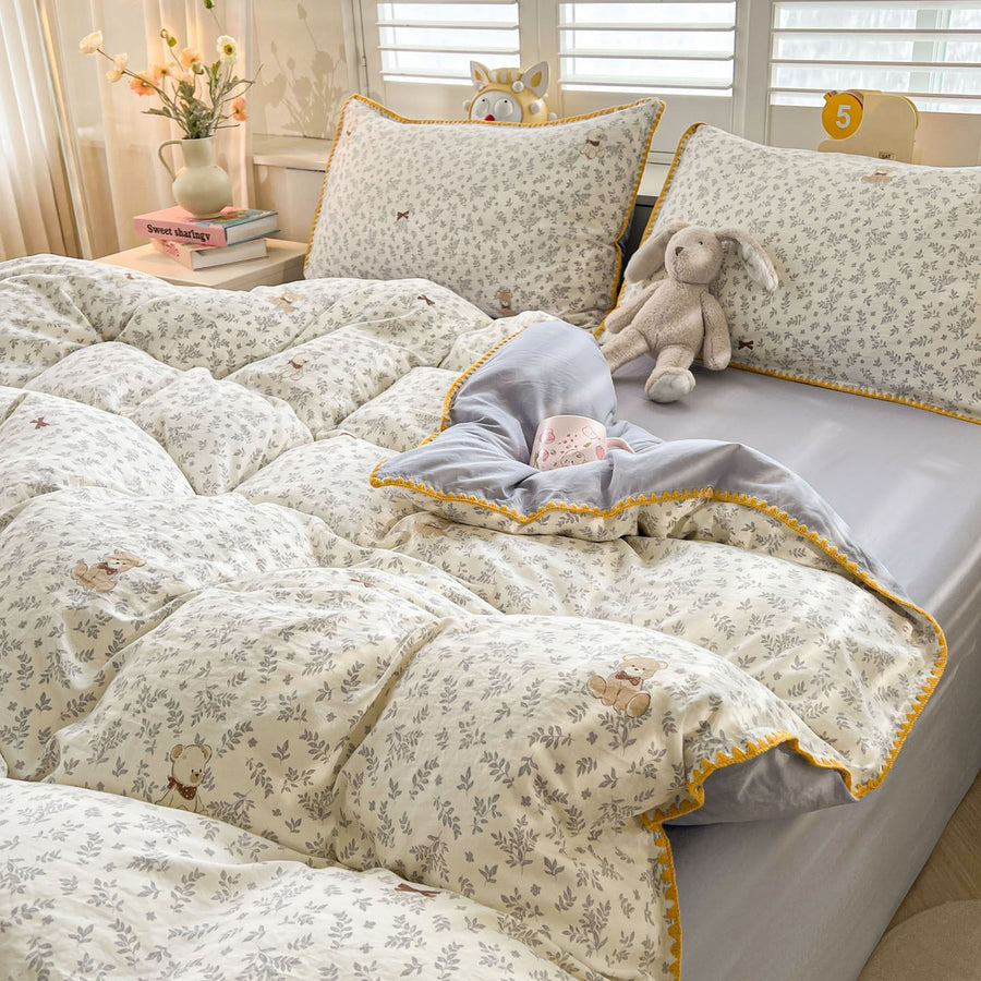Shell Light Grey Broken Leaf Crinkle-Gauze Cotton 4-Piece Bedding Set - view 2