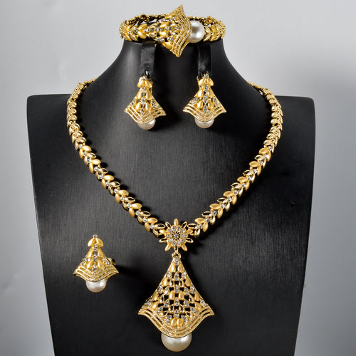 Dubai Bead Gem Coated 18k Gold Leaves Necklace Imitation Pearl Pendant 4-Piece Set Saudi Wedding Premium Jewelry