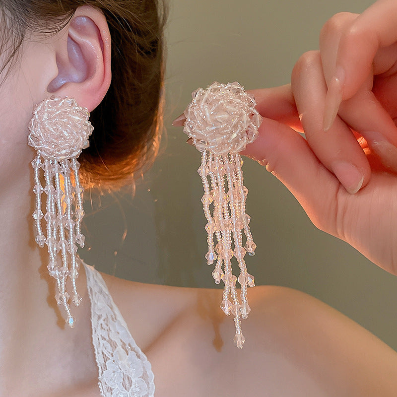 Floral Seed Bead Crystal Tassel Earrings - view 4