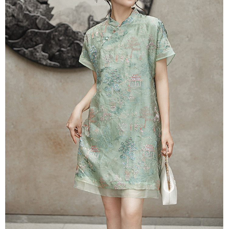 New Chinese Style Silk Cheongsam Dress with Heavy Embroidery