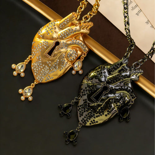 Vintage Full Diamond Heart Necklace Fashionable Personality Vintage Sweater Chain Imperial Western Heavy-Duty Necklace