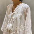 Japanese Retro White V-Neck Fringed Heavy Embroidery Floral Long Dress, 3/4 Sleeve
