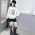 Girls' Off-Shoulder Print Hoodie Raw Edge Shorts Set