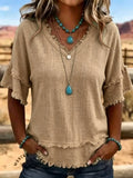 Summer Casual Short Sleeve V-Neck Loose Frayed Shirt