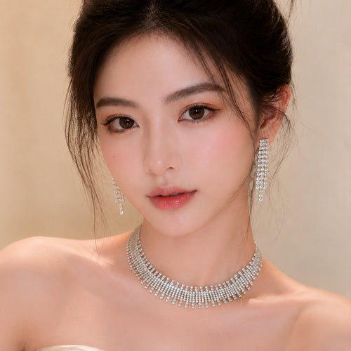Star River Full Diamond Geometric Line Jewelry Set Banquet Elegant Luxurious Necklace Light Luxury Niche Necklace Women
