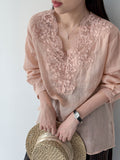 Summer Korean Slimming Ramie Embroidered Long Sleeve Patchwork Loose Shirt