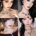 Banquet Luxury ~ Super Sparkle Rhinestone Geometric Flower Stud Earring Necklace Set Women Clavicle Chain Light Luxury Premium Necklace