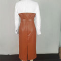 Office PU Belt Color-Block Shirt Dress, Long Sleeve