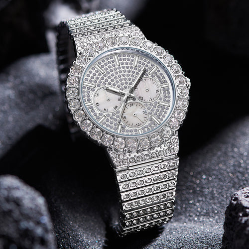 PINTIME Mens Watch Western Bestseller Large Dial Full Diamond Large Crystal Ring Hip-Hop Waterproof Quartz Watch Men