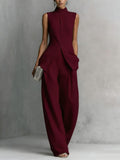 Fashion Elegant Linen Cotton Sleeveless Drapey Shirt + Pants Set