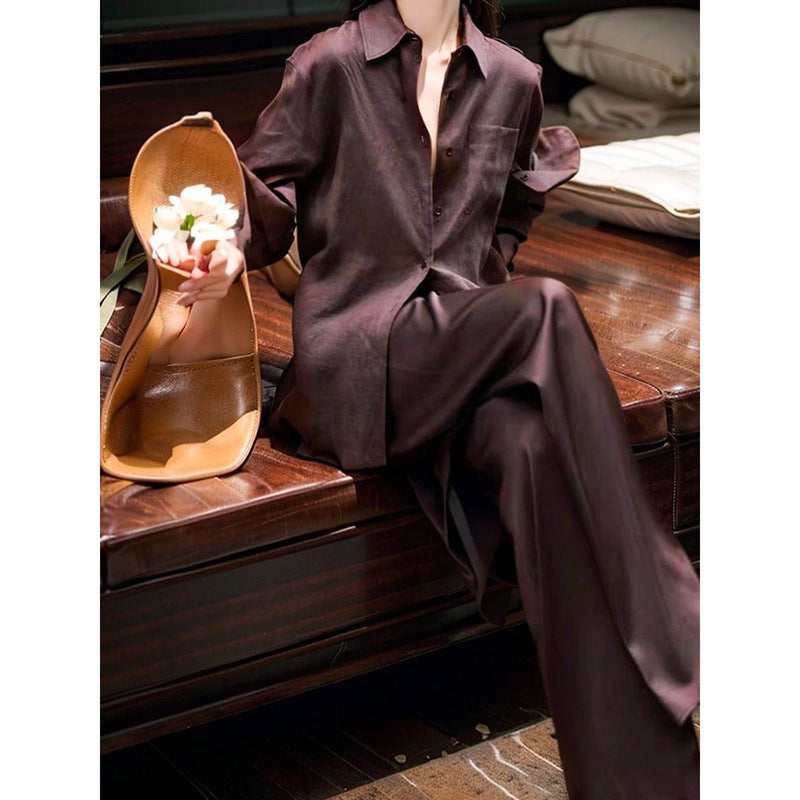Summer Office Relaxed Loose Wide Leg Pants + Shirt 2-Piece Set