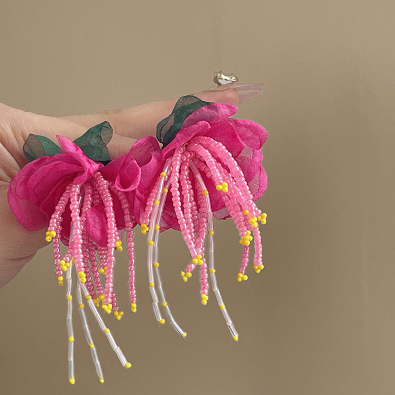 Seed Bead Sequin Flower Tassel Earrings - view 6