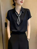 Summer Professional French Satin Short Sleeve Loose Shirt