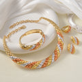 Middle East Bride Bead Gem Jewelry Set Moon Design Diamond Grid Pattern Relief Necklace Bangle Earrings Ring 4-Piece Set