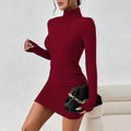 Women's Wine Red High Neck Minimal A-Line Dress