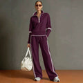 Sporty Casual Stand Collar Color-Block Wide Leg Pants + Hoodie 2-Piece Set