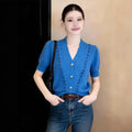 Women's Summer Knit Short Sleeve V-Neck Hollow-Out Cardigan + Top 2026 - Blue