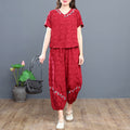 Women's Summer Ethnic Retro Plus Size Short Sleeve Loose Lantern Wide Leg Pants + Pan - Blue