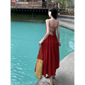 Red Backless Camisole Long Dress, Vacation Photo Style