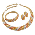 Middle East Bride Bead Gem Jewelry Set Moon Design Diamond Grid Pattern Relief Necklace Bangle Earrings Ring 4-Piece Set