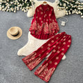 Women's Fall Ethnic Chic Puff Sleeve Printed Fitted Wide Leg Pants 2-Piece Set 2026 - Red
