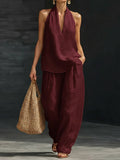 Summer Old Money Relaxed Linen Short Sleeve V-Neck Loose Wide Leg Pants + Top 2-Piece Set