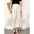 White Linen Button Front A-Line Long Skirt, 2026