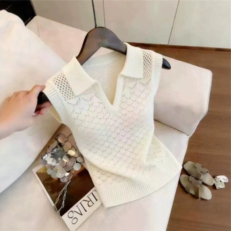 Summer Old Money Korean Sleeveless V-Neck Hollow-Out Shirt