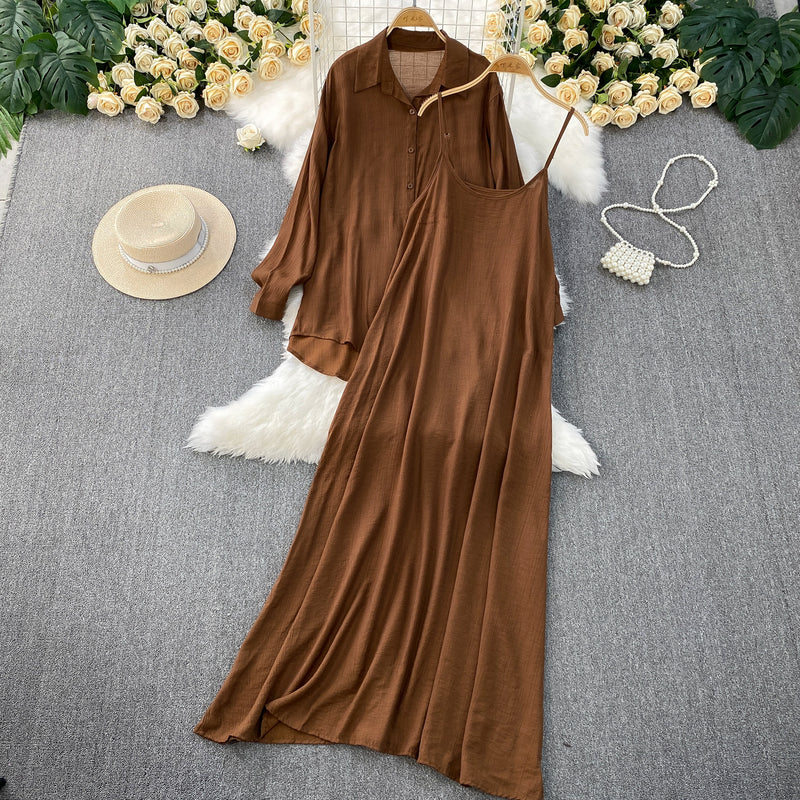 Casual Slimming Long Sleeve Lightweight Loose Dress + Shirt + Camisole 2-Piece Set