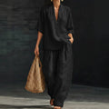 Summer Old Money Relaxed Linen Short Sleeve V-Neck Loose Wide Leg Pants + Top 2-Piece Set
