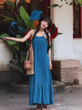 Women's Summer Bohemian Vacation Crochet Sleeveless Hollow-Out Loose Crochet Dress + - Blue (Single)