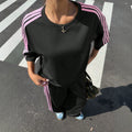 2026 New Street Style Casual Set, Loose Short Sleeve Tee + Side-Stripe Wide Leg Pants
