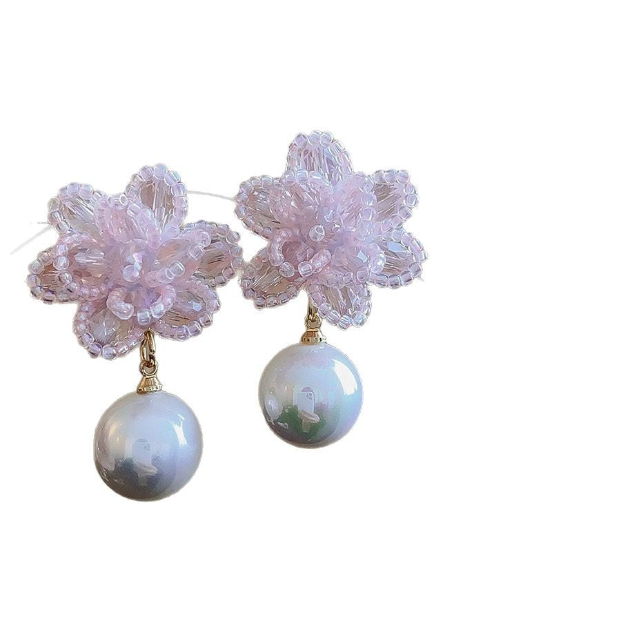 Flower Teardrop Pearl Tassel Stud Earrings - view 5