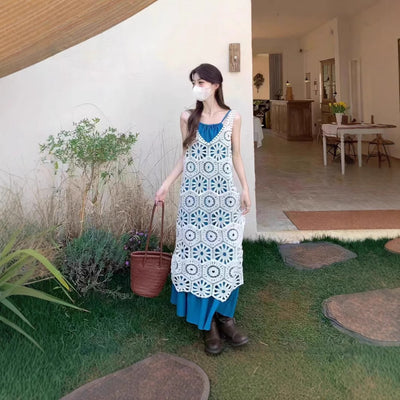 Women's Summer Bohemian Vacation Crochet Sleeveless Hollow-Out Loose Crochet Dress + - Blue (Single)