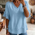 Summer Casual Short Sleeve V-Neck Loose Frayed Shirt