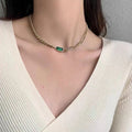 2025 New Retro Titanium Short Emerald Cubic Zirconia Double-Layer Necklace Simple Chain Clavicle Chain Women N6258