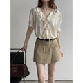 Summer Office French Short Sleeve V-Neck Tie-Front Ruffle Shirt