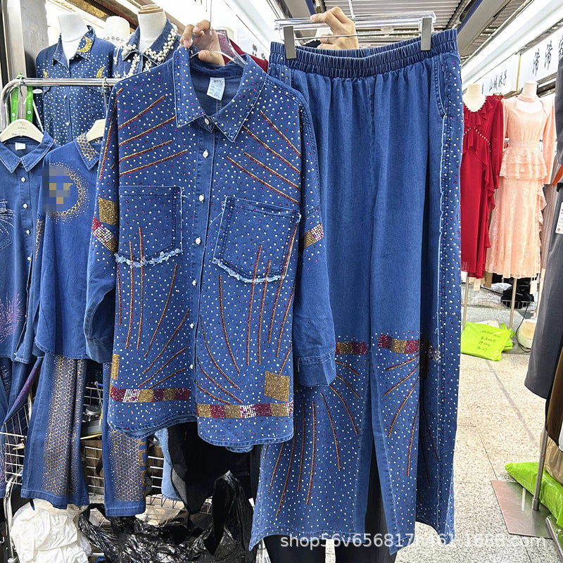 European Heavy Crystal Decorated Loose Denim Shirt + Elastic Waist Wide Leg Pants Two-Piece Set