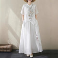 Summer New Chinese Plus Size Linen Cotton Embroidered Short Sleeve Drapey Wide Leg Pants + Shirt + Skirt Set