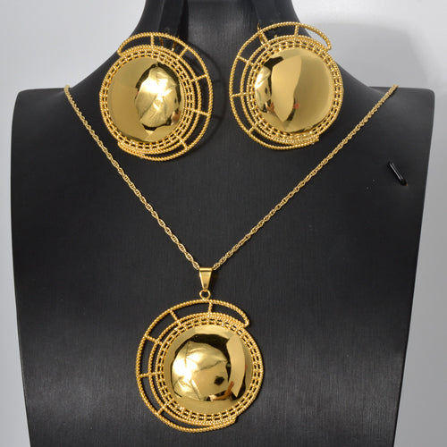 Overseas EU/US Import Metal Breeze Women Geometric Round Necklace Earrings Set Niche Round Band Pendant Design