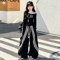 Girls' Printed Boat Neck Tee Stripe Wide-Leg Pants Sports Set